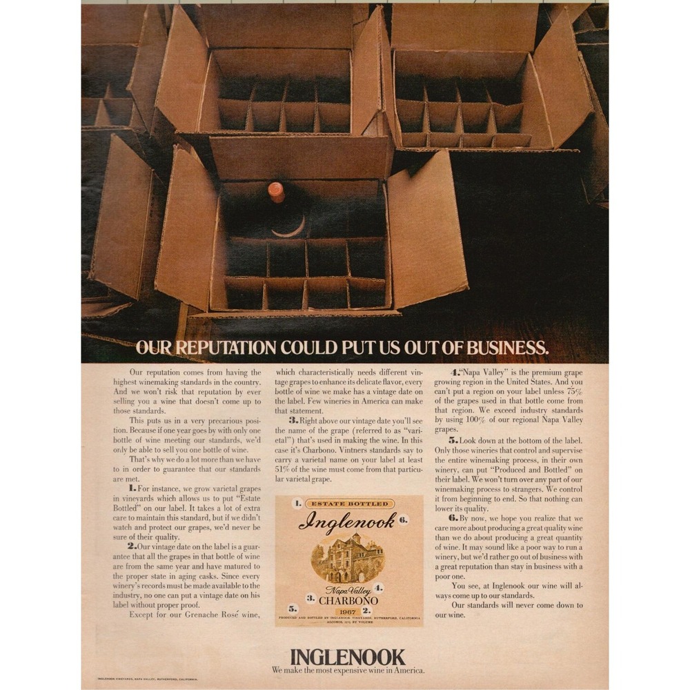 Inglenook Napa Valley Rutherford CA Charbono Wine Vintage Print Ad 1970
